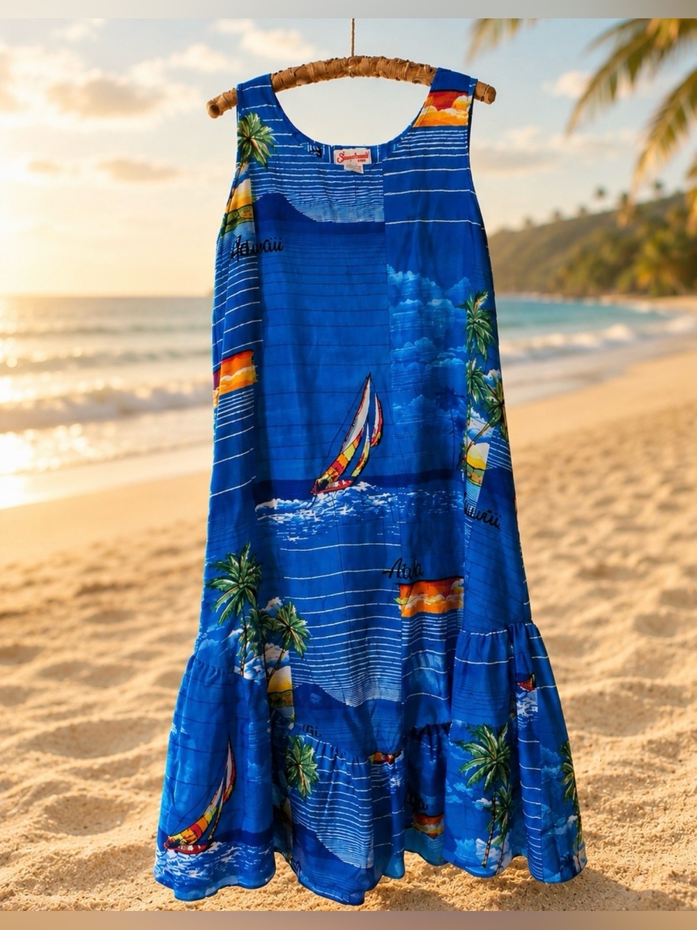 Vintage 70s Sweethearts Hawaii Blue Sailboat Tropical Midi Dress USA Made Small